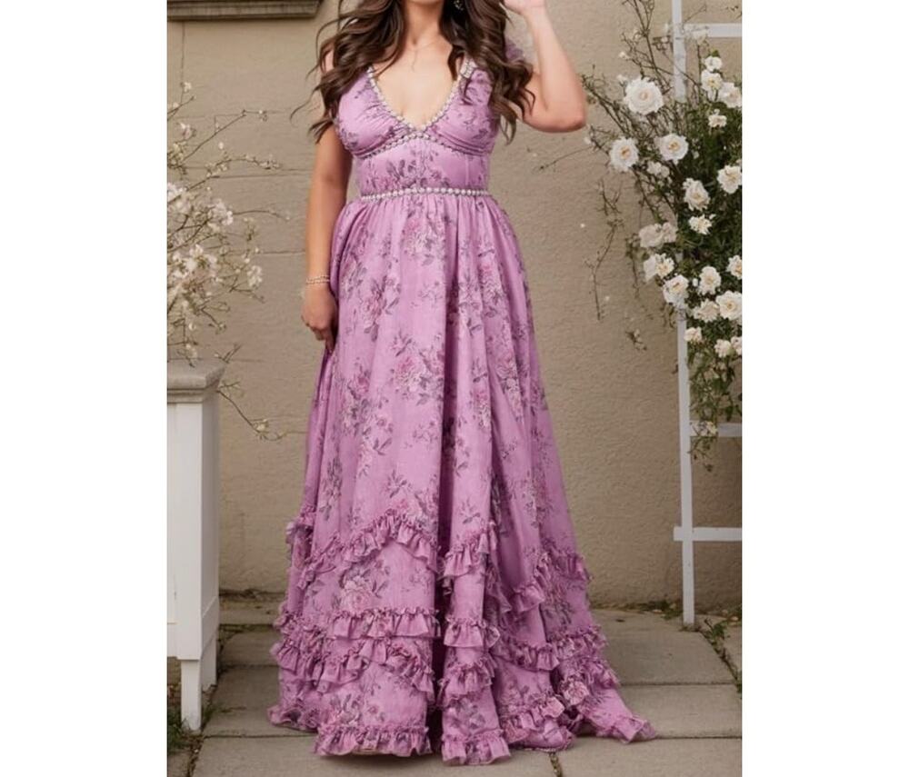 6 8 S M adjustable corset romantic purple lilac ruffles spaghetti maxi dress